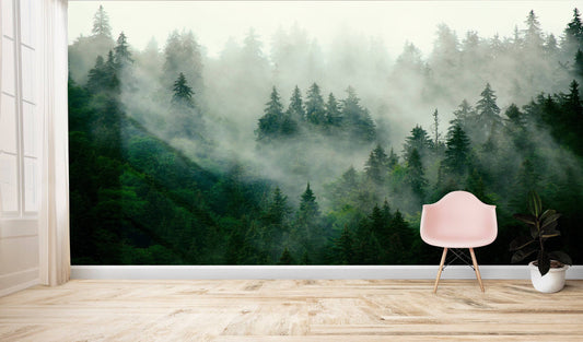 Foggy Forest Wallpaper - peel and stick, removable, Landscape Mural, Mountains, Wall Decoration, Wood, Nature, Forest Mural, Fresh Green