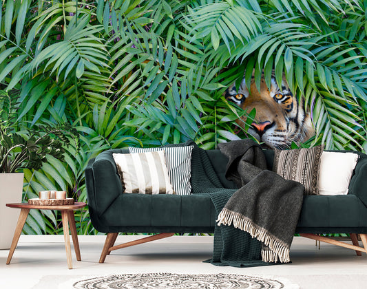 Tiger Hide and Seek,  Jungle wallpaper, Tropical leaves, Wild animals wallmural, Wall mural, Remove wallpaper, peel and stick