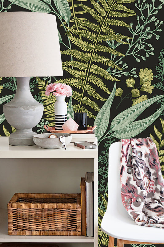 Botanical Wallpaper, Ferns Wallpaper, Wall Mural, Green Home, Herbal Decorations, Peel and stick, Removable Wallpaper, Temporary wall art
