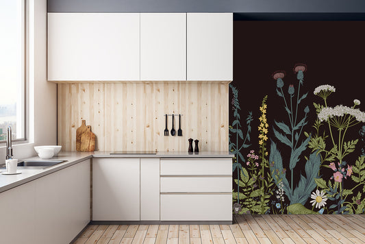 Wild floral herbs, Botanical Wallpaper, Ferns Wallpaper, Green Home Décor, Herbal Decorations, Peel and stick, Removable Wallpaper