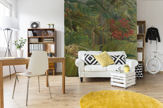 Tiger in a tropical storm by Rousseau Wallpaper, Jungle wallpaper, removable wallpaper, tropical, jungle, leaf wallpaper, wall mural