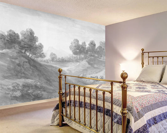 Vintage countryside painting wall mural, Reusable Wall paper, Vintage art wallpaper, Landscape mural, Fine Wall art, Monochrome wall mural