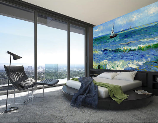 Watercolor seascape by van gogh wallpaper for nursery and home wall decor.