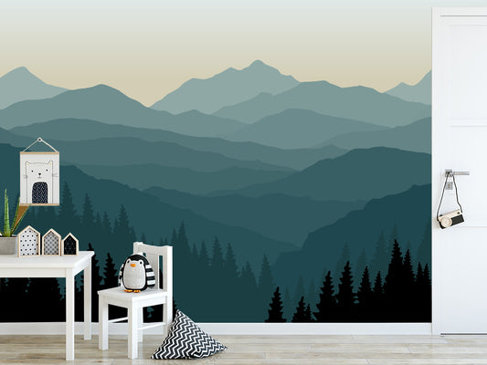 Mountain Mural  Blue Ombré Mountain Wallpaper  Forest Tree and Mountain Wallpaper  Removable Wallpaper  Nursery Wall Mural