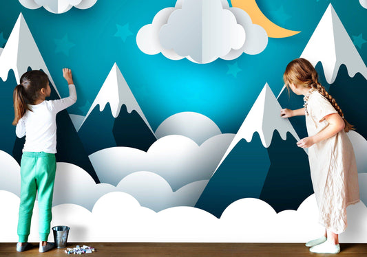 Wallpaper, photo wallpaper, nursery, baby room, mountains, moon, clouds, mobile, stars, smooth fleece, desired format