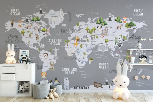 Gray World Map Wallpaper, Kids, Room, Wall Cover, Design, Nursery #12