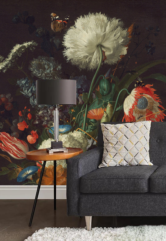 Vase of Flowers by De Heem Wallpaper, Dark floral peel and stick wallpaper, Oil painting, Wall mural, Dark flowers, Dark wall mural