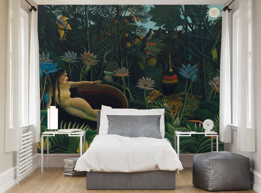 The Dream jungle by Rousseau Wallpaper, jungle wallpaper , tropical wallpaper, vintage botanical rainforest wallpaper peel and stick