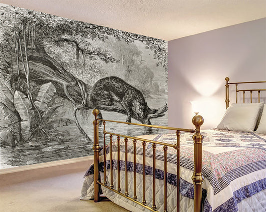 Jaguar Wallpaper - Safari Nursery, Decor  drawing wallpaper, Vintage style, Wall decor, Wall art, Watercolor, Retro, Scenic painting