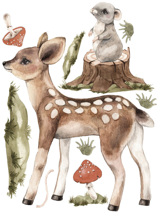 Watercolor big wall sticker set for kids, nursery wall sticker, big set forest animals, nursery woodland,  hand painted, watercolor, forest buddies 2 for nursery and home wall decor.