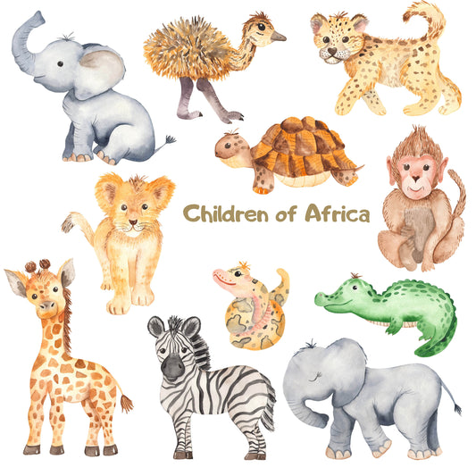 Watercolor safari animals, wall decal, watercolor cute cartoon african animals, watercolor decal set, nursery, peel and stick, nursery wall sticker for nursery and home wall decor.