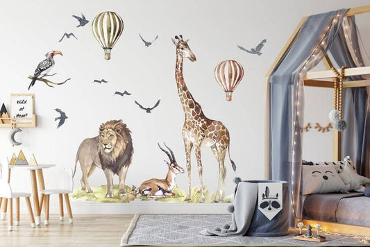 Watercolor big animal watercolor wall decal set for kids, removable cute safari animals, lion, elephant nursery stickers, peel and stick for nursery and home wall decor.