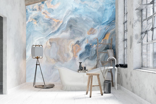Marble aquarelle textured Wallpaper Mural - Blue and yellow removable wallpaper, peel and stick option