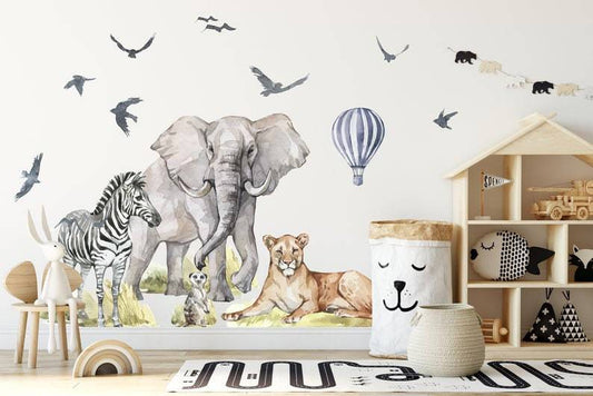 Watercolor big animal watercolor wall decal set for kids, removable cute safari animals, lion, elephant nursery stickers, peel and stick 2 for nursery and home wall decor.