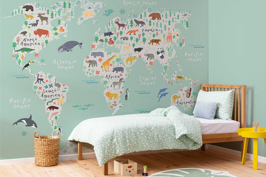 Watercolor giant safari kids safari map wallpaper mural mural for nursery and home wall decor.