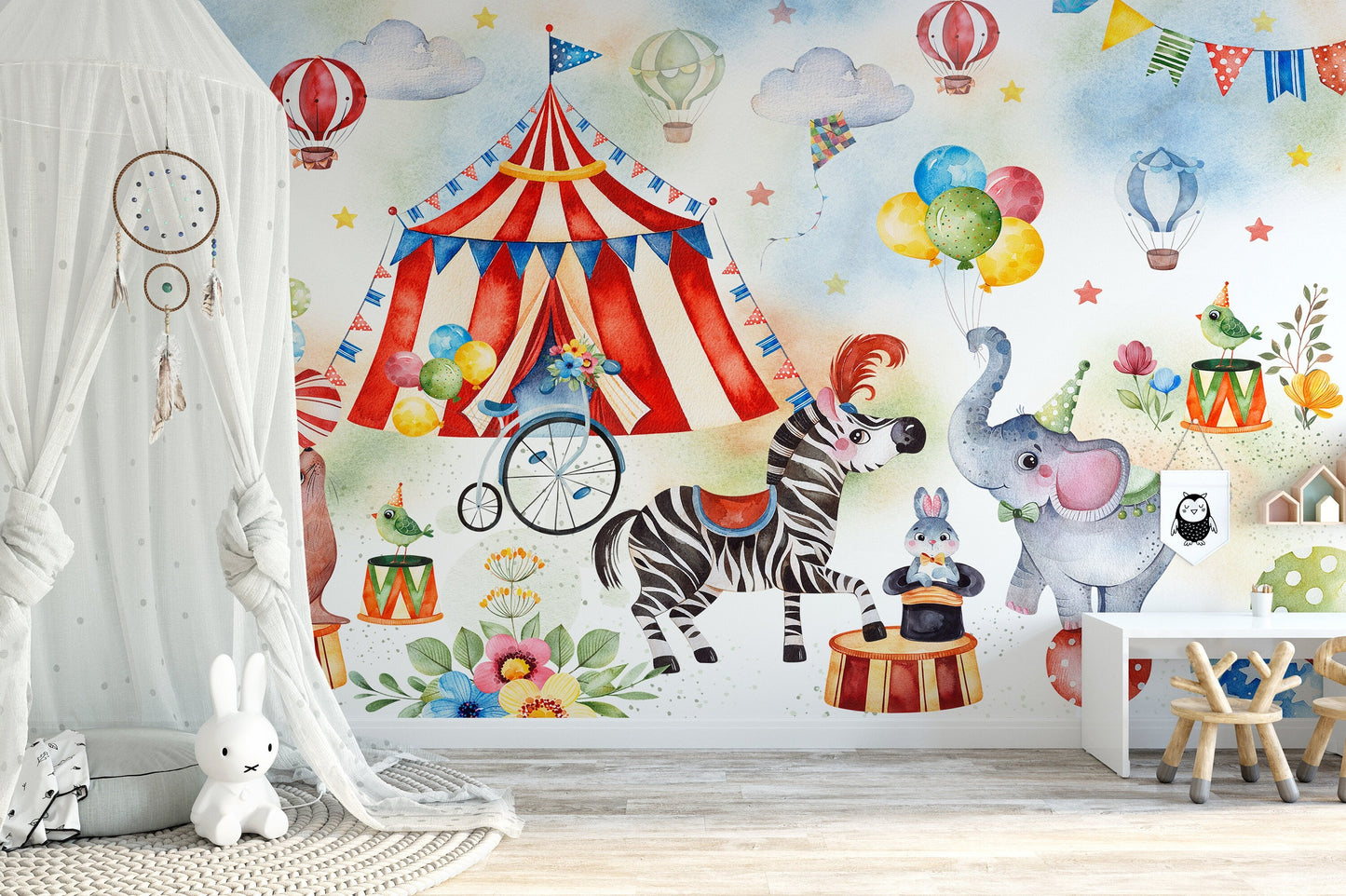 Circus Mural Wallpaper, Clown Wall Mural, Playroom Nursery Decor