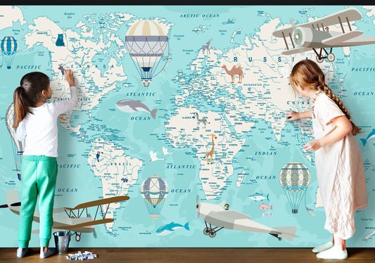 Kids World Map Wallpaper, Planes, Balloons Kids Learning Peel and Stick Kid's Wallpaper Mural, Map, removable, free express delivery