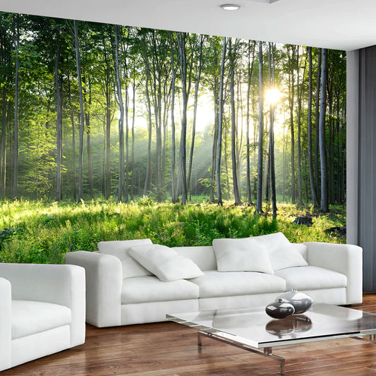 Watercolor custom photo wallpaper 3d green forest nature landsc... for nursery and home wall decor.