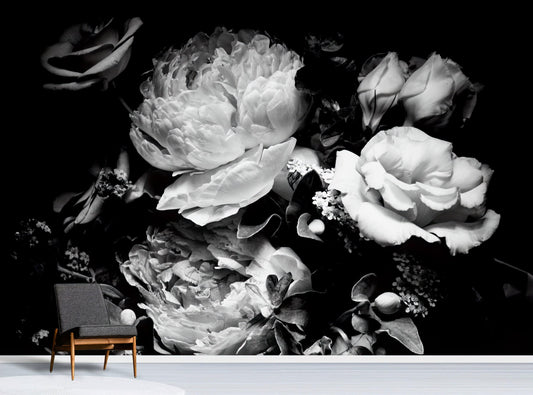Peony flower wallpaper, self adhesive wall decor, black and white floral, floral art dark mural, home decor,UK next day delivery, premium