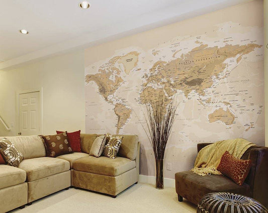 Sepia World Wall Mural, Kids, Room, Wall Cover, Design, Nursery - Classic - Home Decor, Living Room, Bedroom, World Map Decal, vintage map