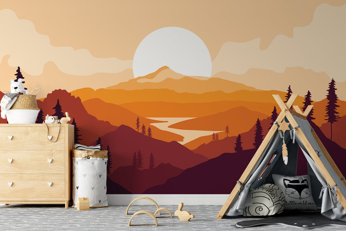 Sunset Mural Wallpaper, Mountains Wallpaper - Unique Wall Decal by Wonderwallsboutique