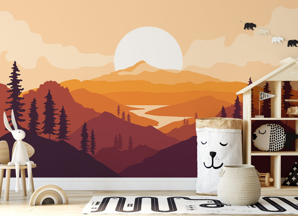 Sunset Mural Wallpaper, Mountains Wallpaper - Unique Wall Decal by Wonderwallsboutique