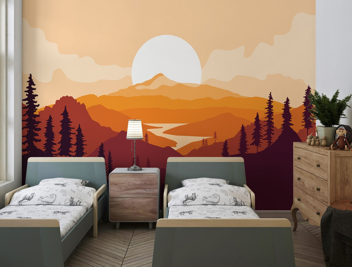 Sunset Mural Wallpaper, Mountains Wallpaper - Unique Wall Decal by Wonderwallsboutique