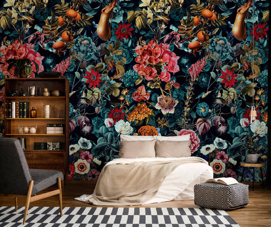 Dark garden wallpaper, removable peel and stick wall mural, floral home decor, temporary wallpaper, home decor,UK next day delivery, premium