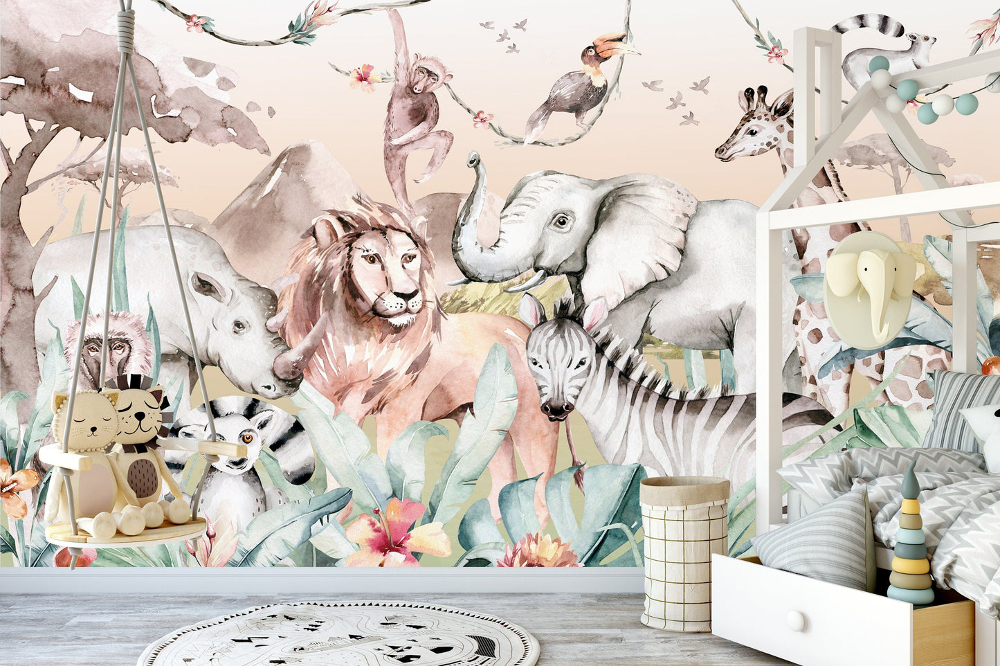 BOHO Mural Wallpaper, Safari Wall Mural, Nursery Jungle Animals, Nursery Decor, Kids Wallpaper, Safari Wall Stickers, Safari Wallpaper