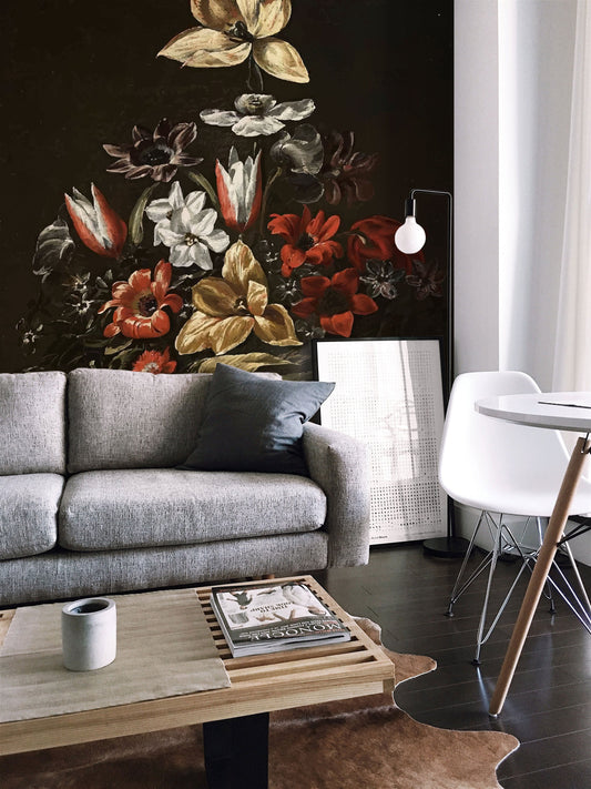 Watercolor exotic floral vase mural for nursery and home wall decor.