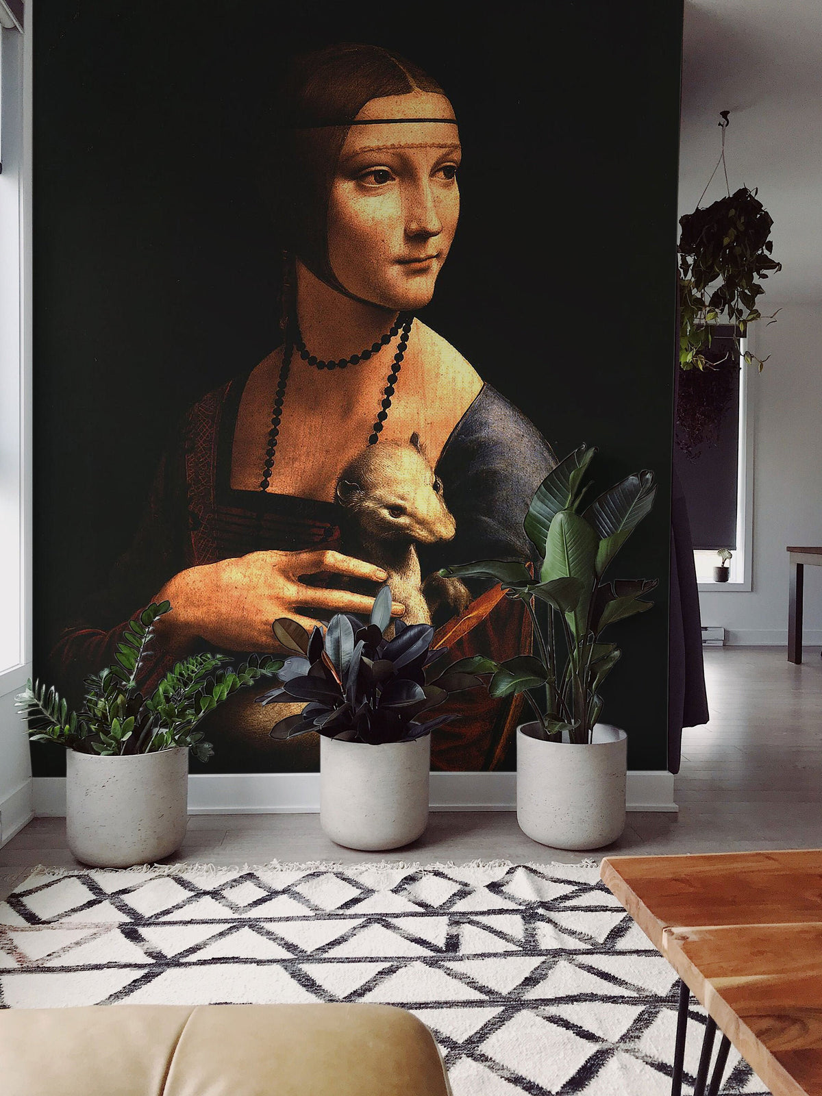 Watercolor the lady with an ermine mural for nursery and home wall decor.