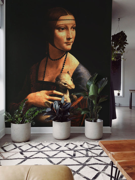 Watercolor the lady with an ermine mural for nursery and home wall decor.