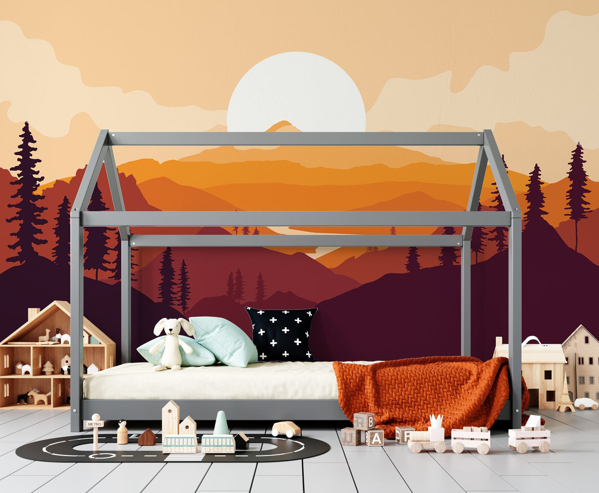 Sunset Mural Wallpaper, Mountains Wallpaper - Unique Wall Decal by Wonderwallsboutique