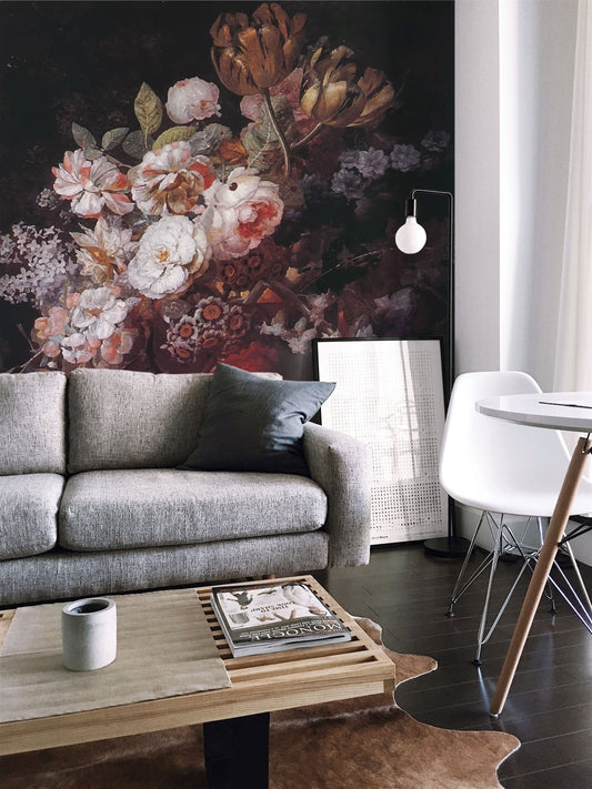 Watercolor pale old floral painting mural for nursery and home wall decor.