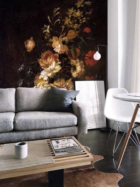 Watercolor vintage dark floral mural mural for nursery and home wall decor.