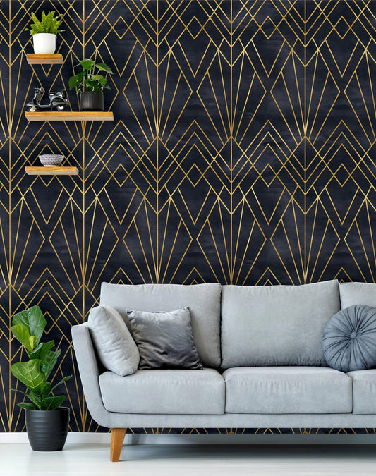 Art Deco Peel and Stick Wallpaper | Removable Geometric Black and Gold Wallpaper | Self Adhesive or Pre-Pasted Wallpaper | Eco Friendly