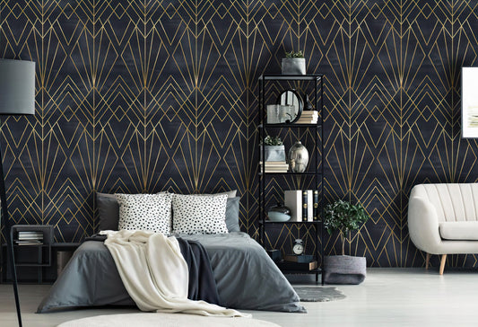 Art Deco Peel and Stick Wallpaper | Removable Geometric Black and Gold Wallpaper | Self Adhesive or Pre-Pasted Wallpaper | Eco Friendly