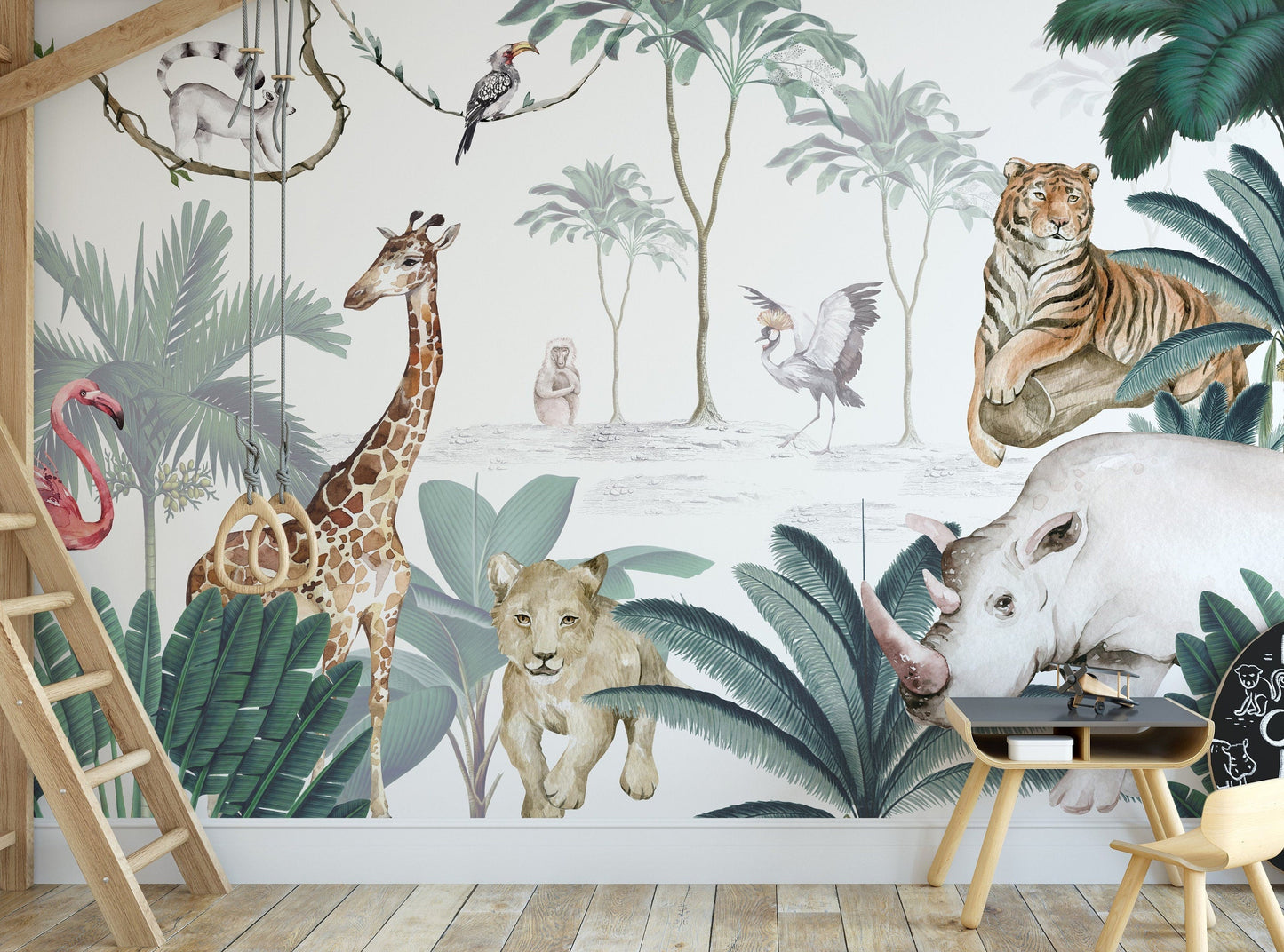 Safari Wallpaper with exotic animals, flamingo, giraffe, jungle, monkey, tropical
