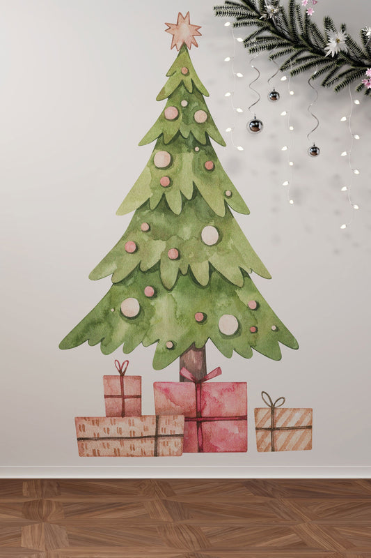 Watercolor christmas wall decal, christmas decoration, christmas tree wall stickers, eco nursery decal, wooden toys for nursery and home wall decor.