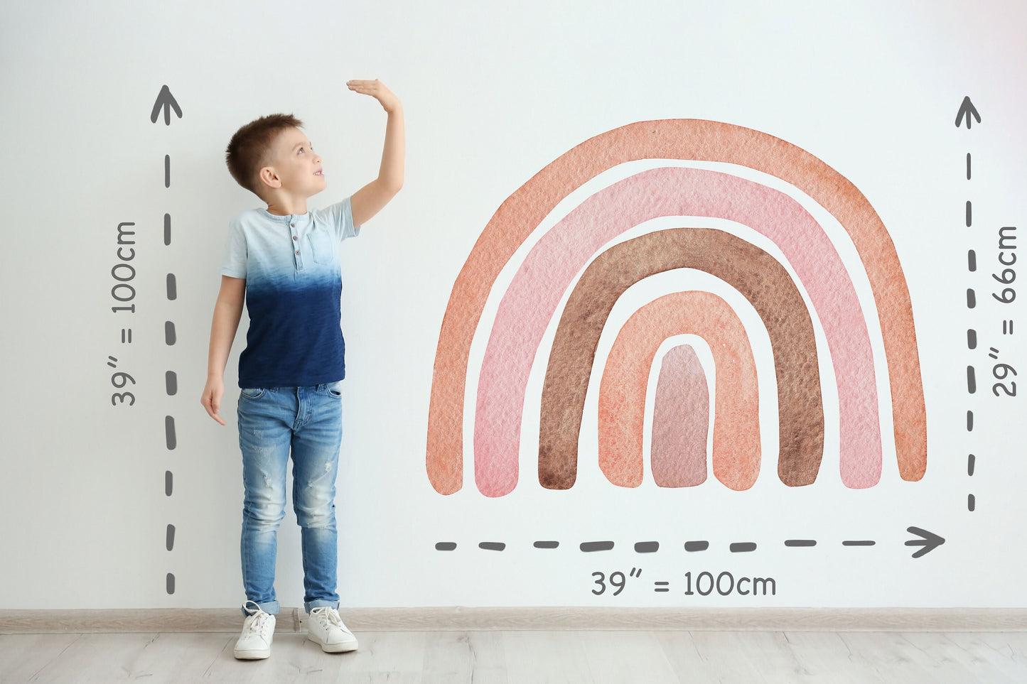 Watercolor large rainbow wall sticker with heart raindrops mural ideal for nursery, kids room, photo prop, baby shower, rainbow baby for nursery and home wall decor.