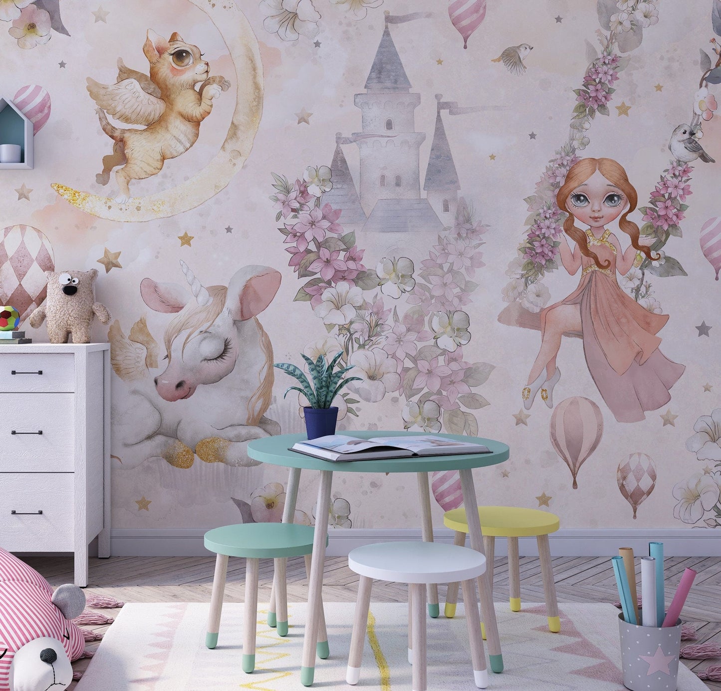 Magical Castle and Unicorns Wall Mural