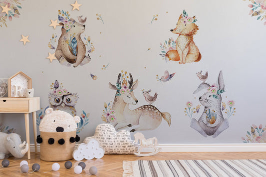 Backwoods Wall decal for kids / big set forest animals / nursery woodland / forest tree / watercolor
