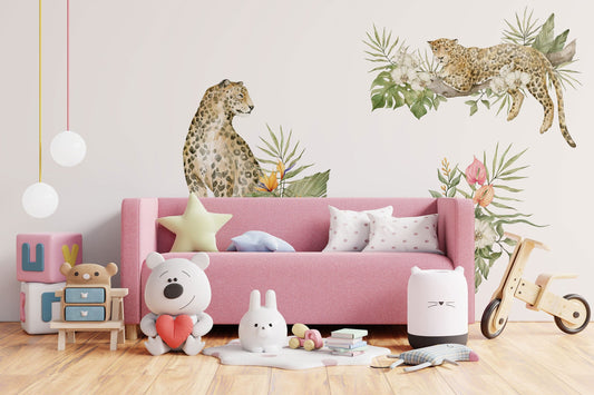Safari animals wall decal, Nursery wall decal, Leopard wall sticker, Jungle animals, Tropical monkey, Wild watercolor animals