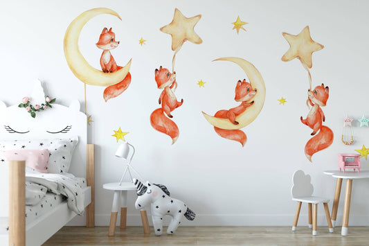 Night Sky Nursery wall decal Watercolor animal, Forest animals Wall art, Nursery wall stickers Girls sticker Kids room decor