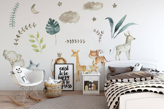 Reusable Fabric Wall Decal, Safari Animals, Nursery wall decal, Watercolor decal, Nursery sticker, African animals wall decal