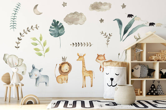 Reusable Fabric Wall Decal, Safari Animals, Nursery wall decal, Watercolor decal, Nursery sticker, African animals wall decal
