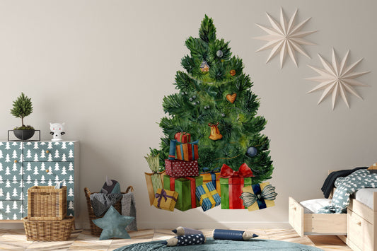 Watercolor christmas wall decal, christmas decoration, christmas tree wall stickers, forest animals decal, eco nursery decal for nursery and home wall decor.