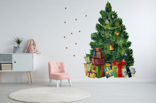 Watercolor christmas wall decal, christmas decoration, christmas tree wall stickers, forest animals decal, eco nursery decal for nursery and home wall decor.