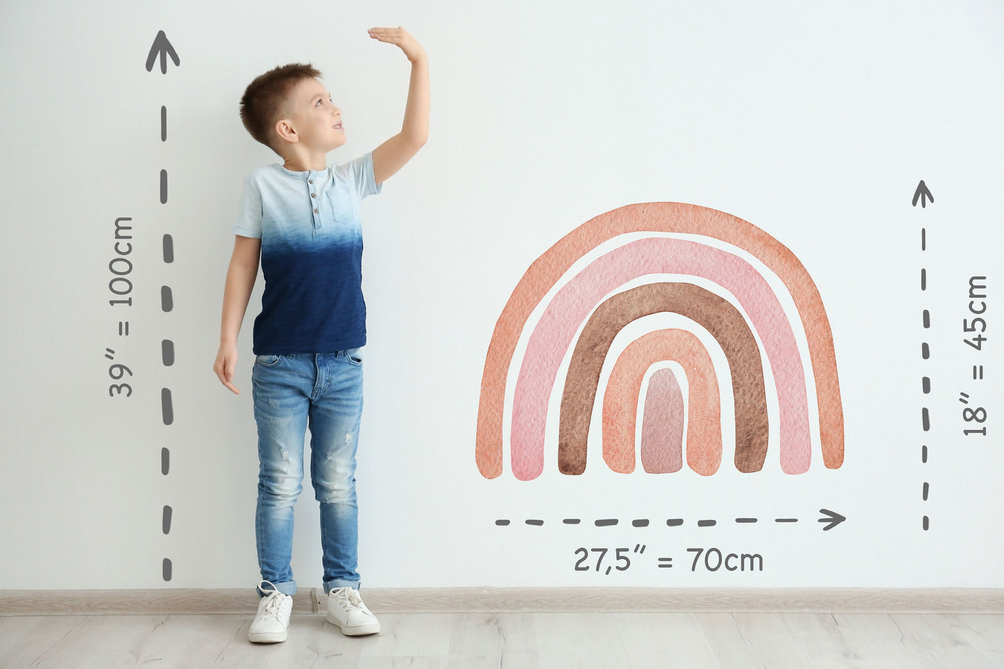 Watercolor large rainbow wall sticker with heart raindrops mural ideal for nursery, kids room, photo prop, baby shower, rainbow baby for nursery and home wall decor.