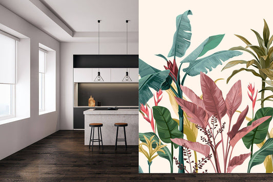 Colorful wall mural with Palm tree .Boho chic palm wallpaper. Bohemian color tropical wallpaper - peel and stick wallpaper - wall mural